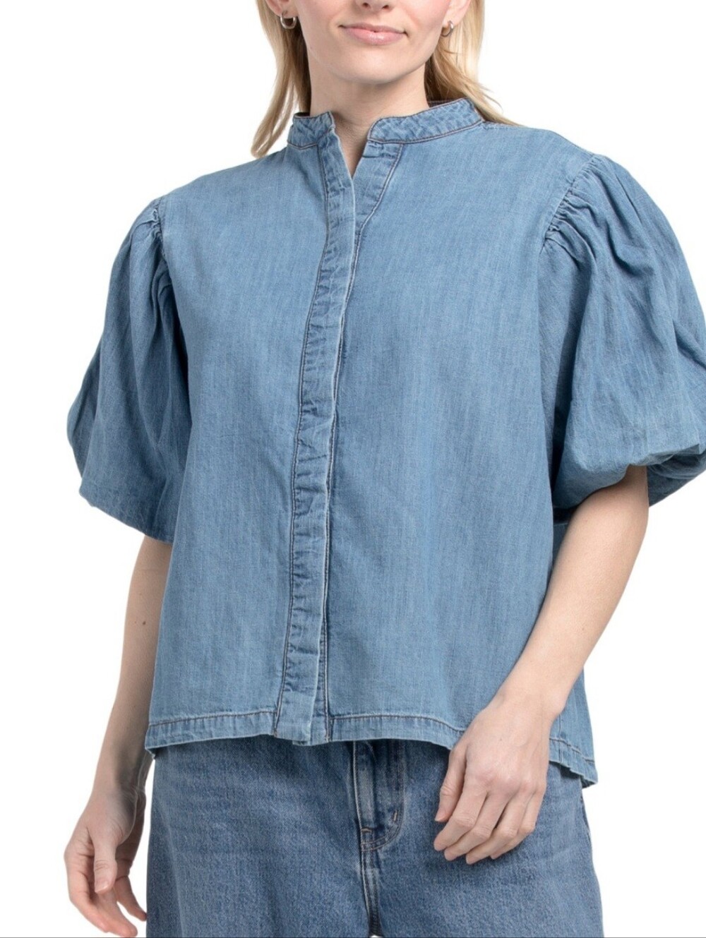 Olivia James The Label Annie Puff Sleeve Denim Blouse Size Extra Small XS - Picture 2 of 9